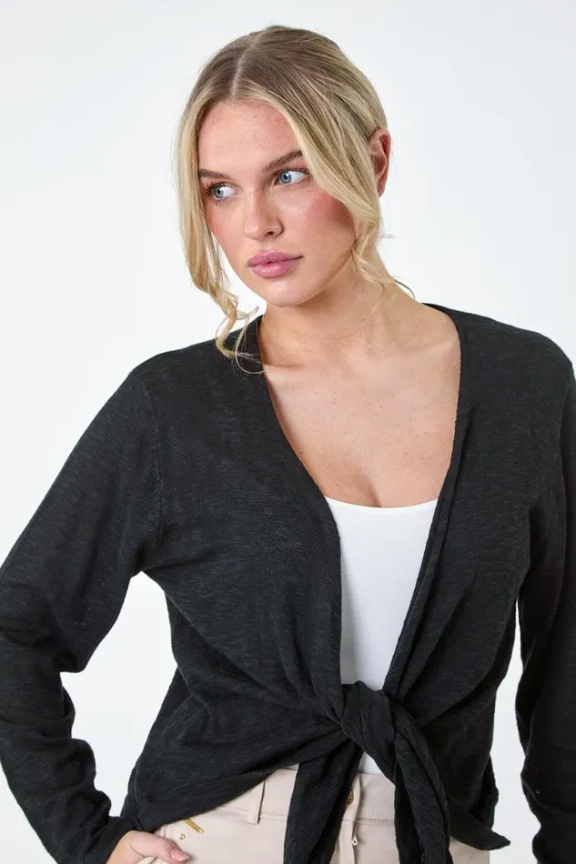Black Petite Waterfall Front Cotton Knit Cardigan Women Roman Knitwear