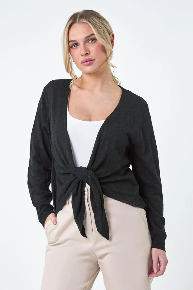 Black Petite Waterfall Front Cotton Knit Cardigan Women Roman Knitwear