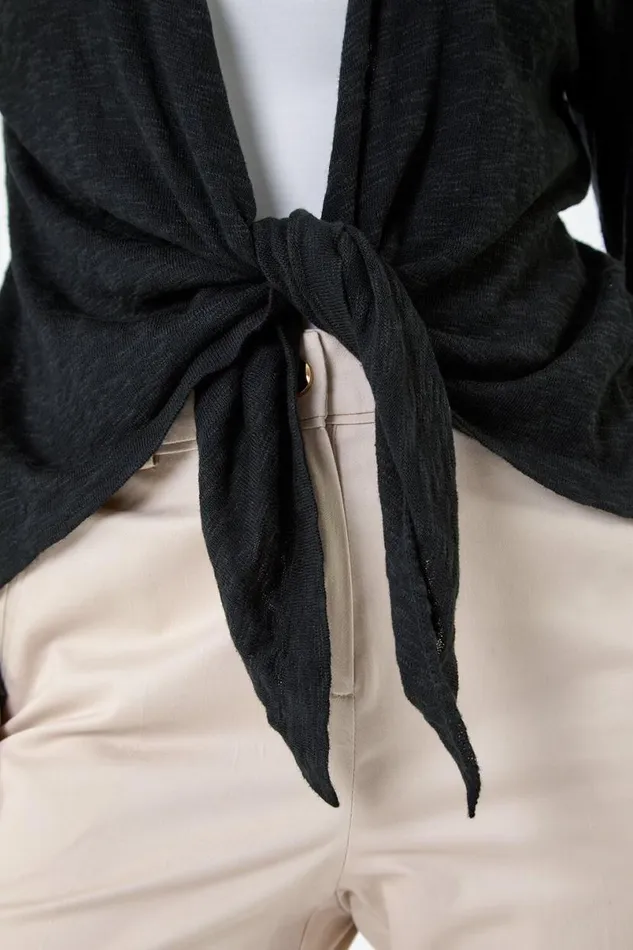 Black Petite Waterfall Front Cotton Knit Cardigan Women Roman Knitwear