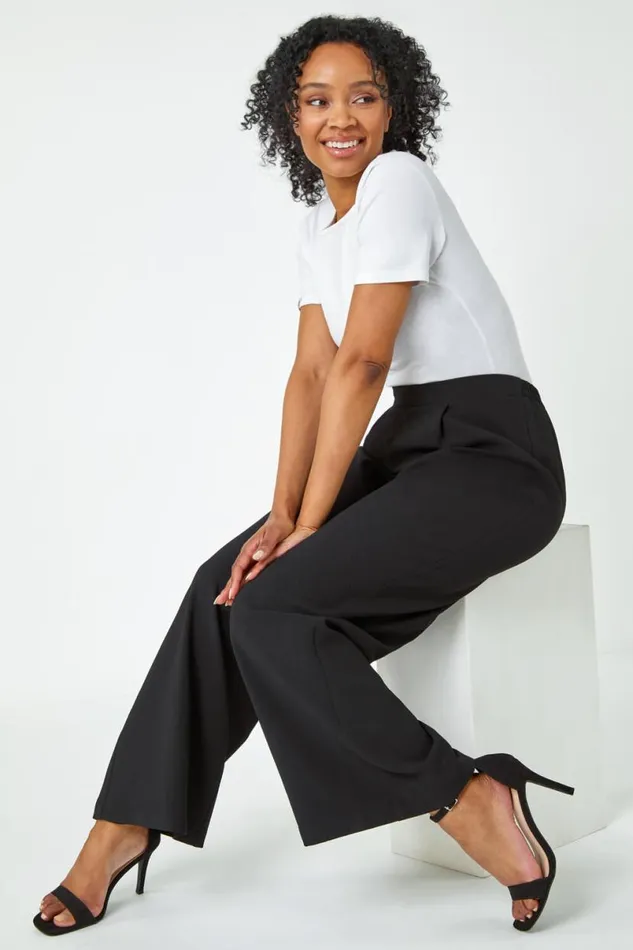 Black Petite Wide Leg Stretch Trousers Women Roman Trousers