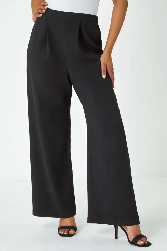 Black Petite Wide Leg Stretch Trousers Women Roman Trousers