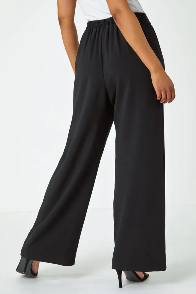 Black Petite Wide Leg Stretch Trousers Women Roman Trousers