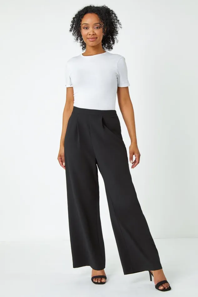Black Petite Wide Leg Stretch Trousers Women Roman Trousers
