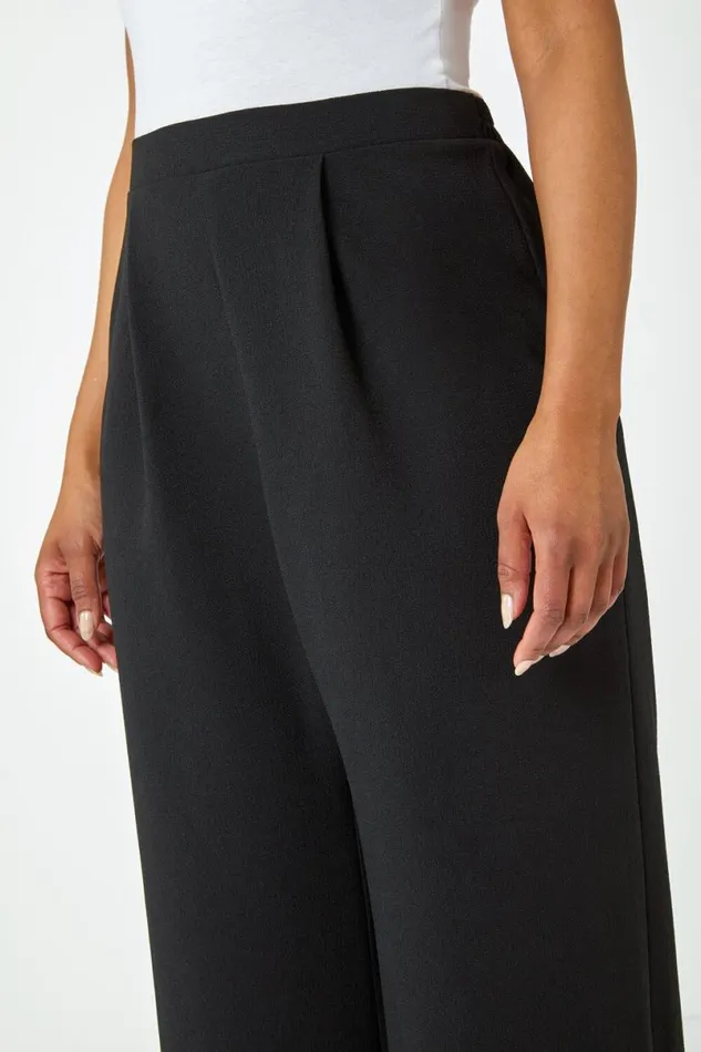 Black Petite Wide Leg Stretch Trousers Women Roman Trousers