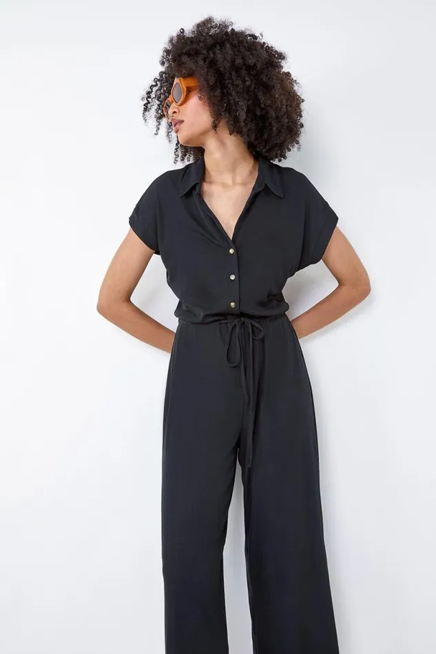 Black Plain Ribbed Stretch Jersey Jumpsuit Women Roman Dresses