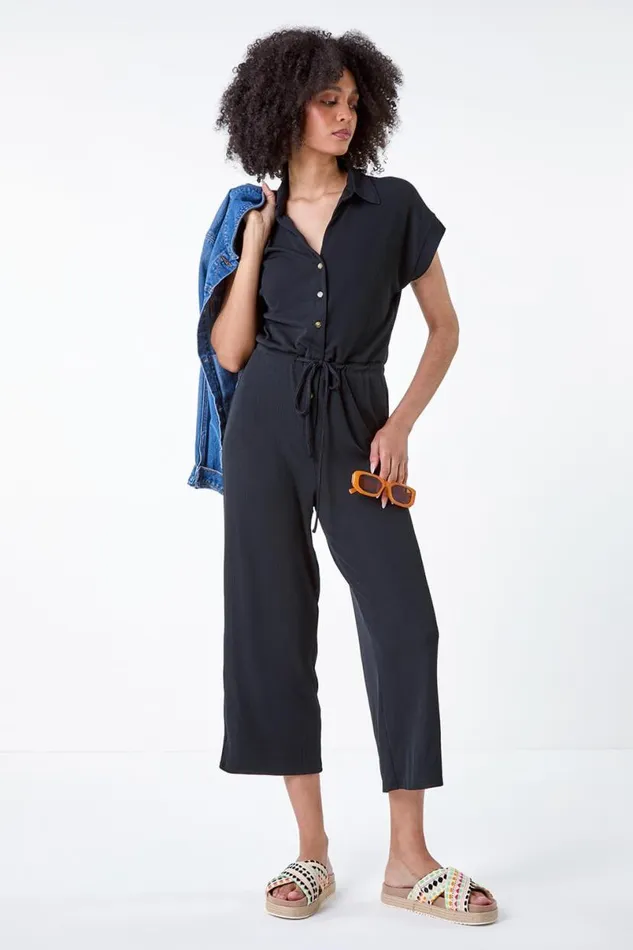 Black Plain Ribbed Stretch Jersey Jumpsuit Women Roman Dresses