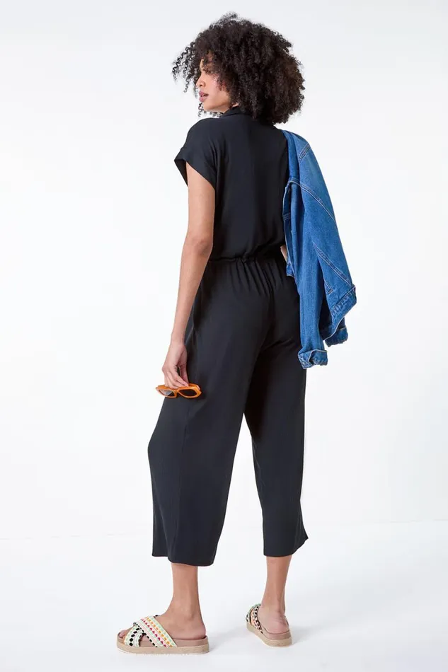 Black Plain Ribbed Stretch Jersey Jumpsuit Women Roman Dresses
