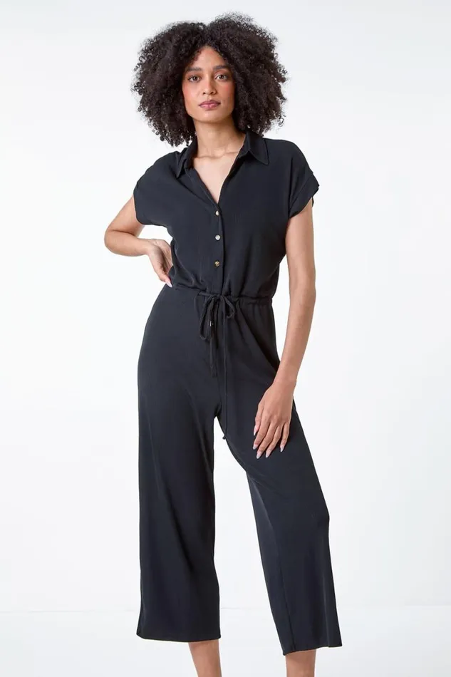 Black Plain Ribbed Stretch Jersey Jumpsuit Women Roman Dresses