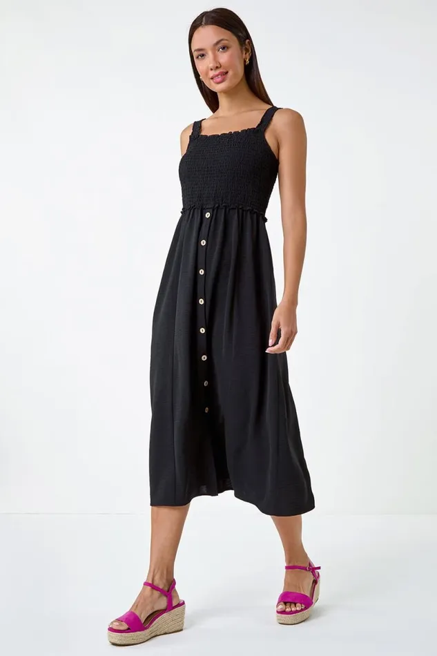 Black Plain Shirred Button Detail Midi Dress Women Roman Dresses