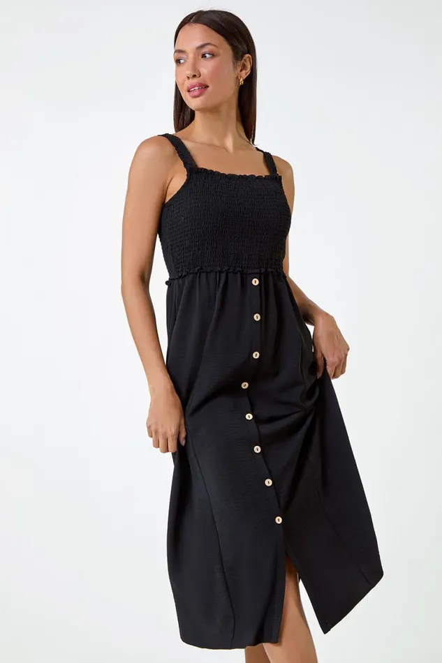 Black Plain Shirred Button Detail Midi Dress Women Roman Dresses