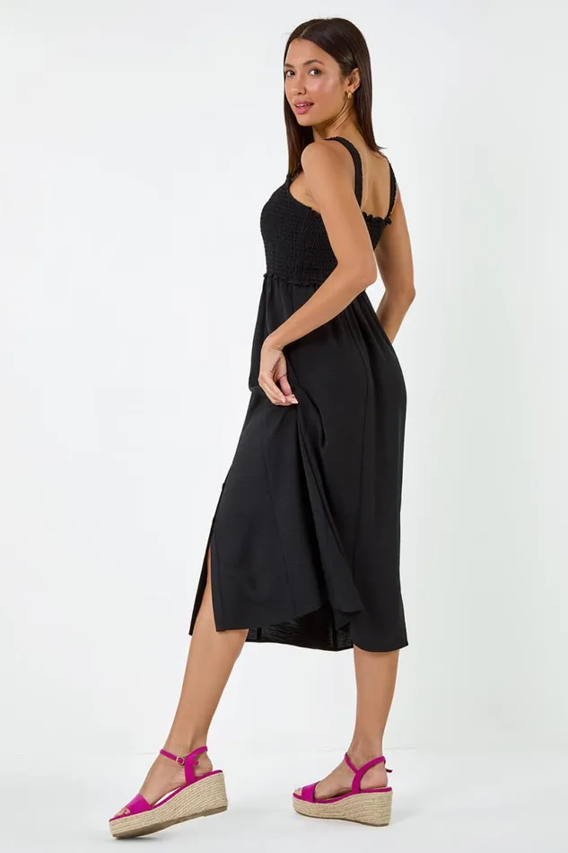 Black Plain Shirred Button Detail Midi Dress Women Roman Dresses