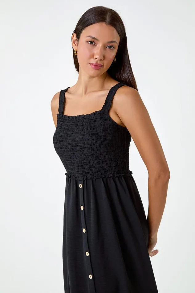 Black Plain Shirred Button Detail Midi Dress Women Roman Dresses