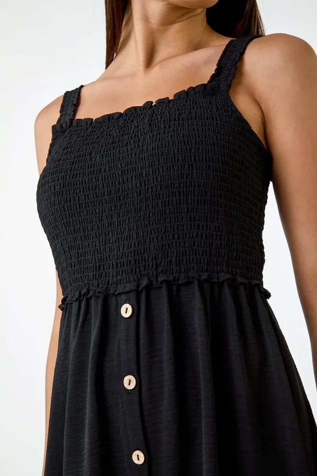 Black Plain Shirred Button Detail Midi Dress Women Roman Dresses