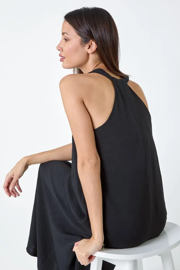 Black Plain Twist Detail Trapeze Maxi Dress Women Roman Dresses