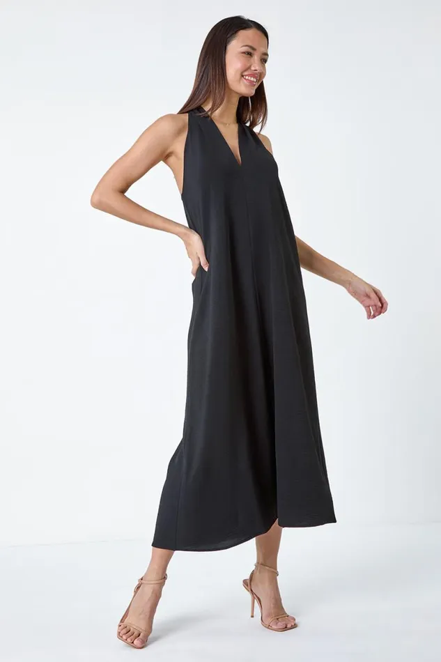 Black Plain Twist Detail Trapeze Maxi Dress Women Roman Dresses
