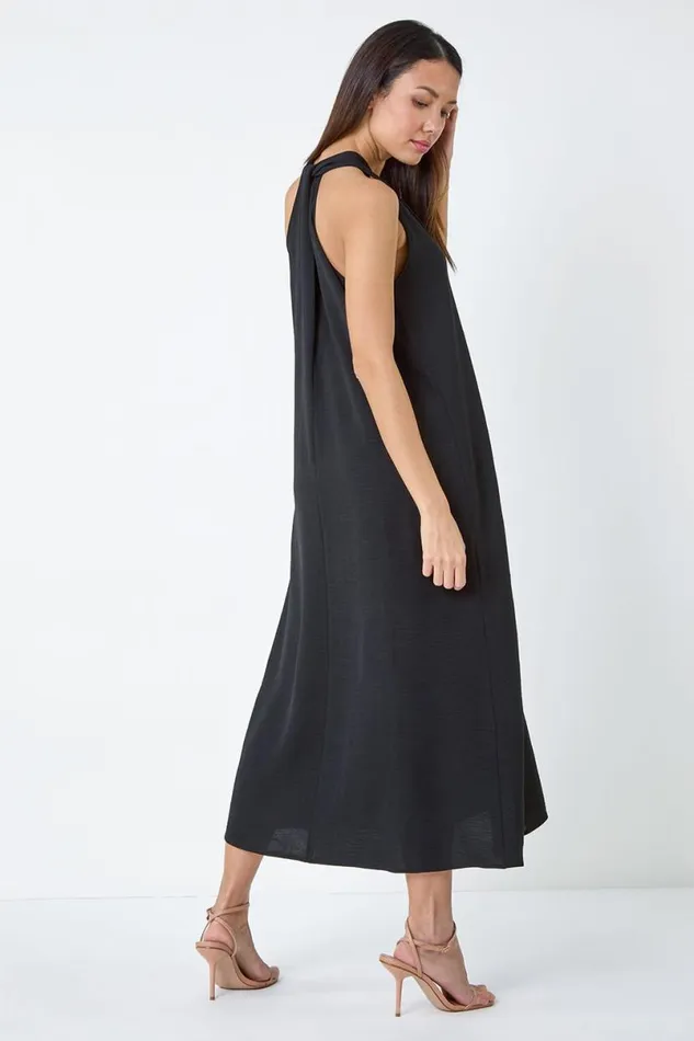 Black Plain Twist Detail Trapeze Maxi Dress Women Roman Dresses