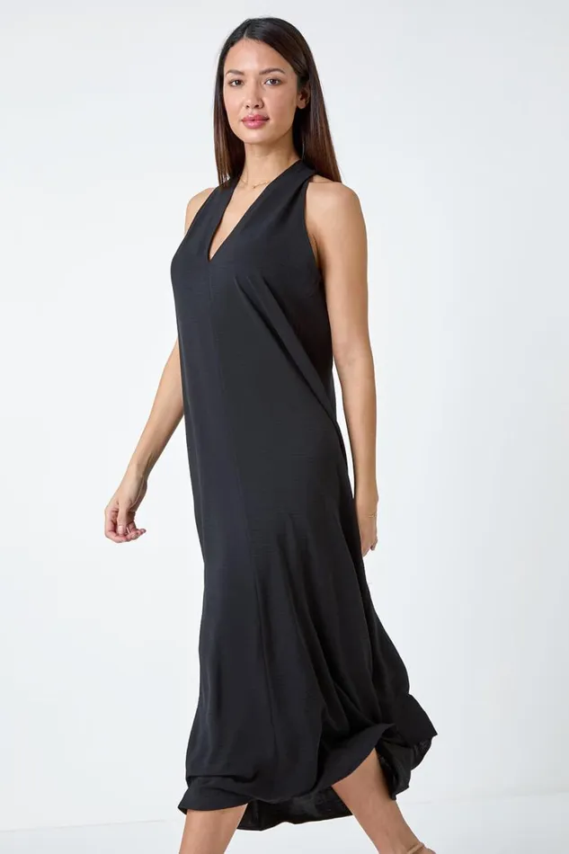 Black Plain Twist Detail Trapeze Maxi Dress Women Roman Dresses