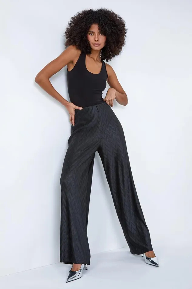 Black Plisse Wave Wide Leg Stretch Trousers Women Roman Trousers