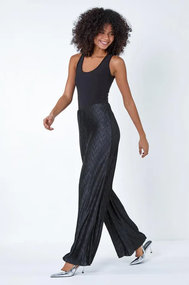 Black Plisse Wave Wide Leg Stretch Trousers Women Roman Trousers