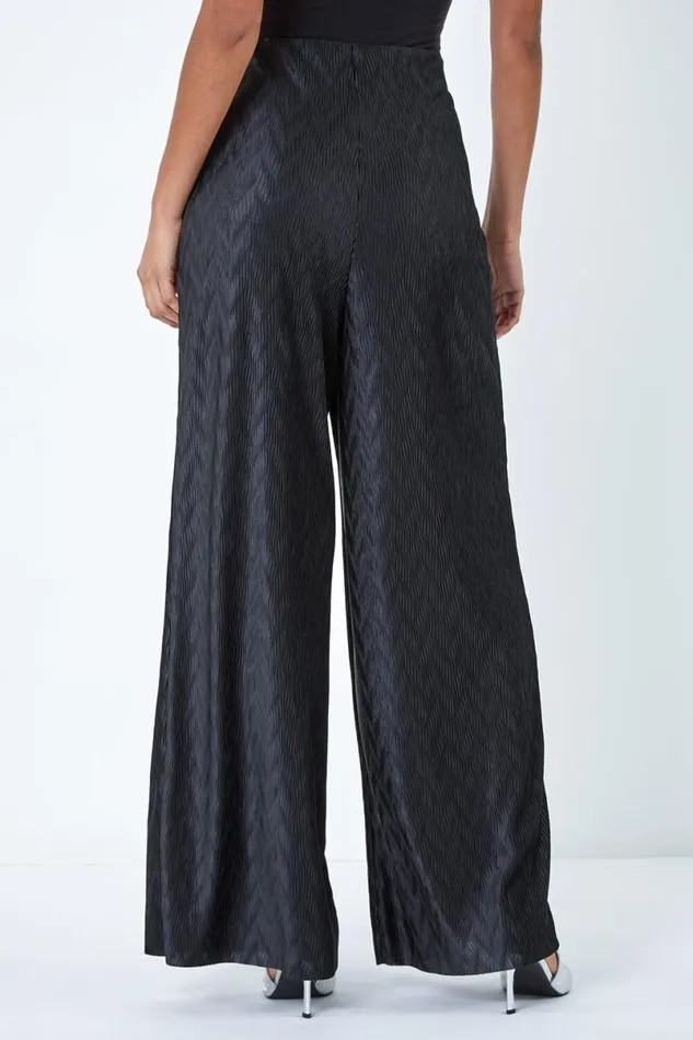 Black Plisse Wave Wide Leg Stretch Trousers Women Roman Trousers