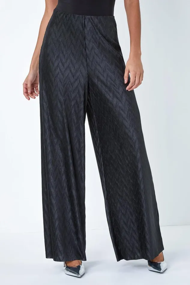 Black Plisse Wave Wide Leg Stretch Trousers Women Roman Trousers