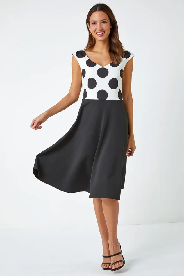 Black Premium Stretch Spot Print Dress Women Roman Dresses
