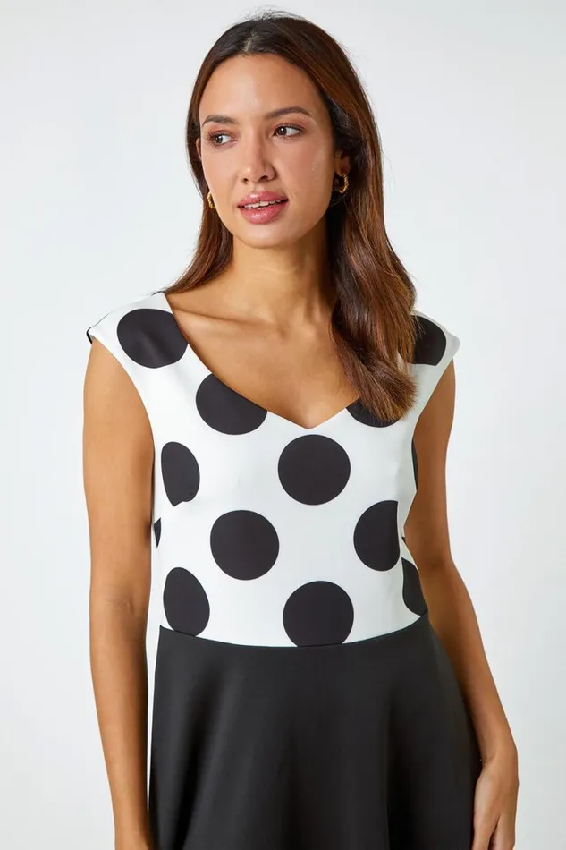 Black Premium Stretch Spot Print Dress Women Roman Dresses