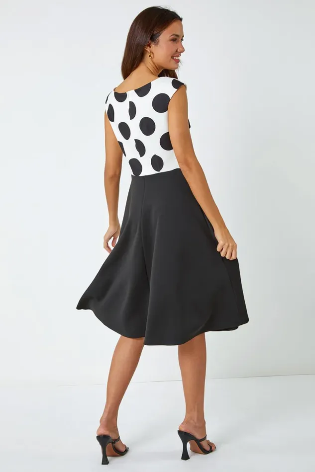 Black Premium Stretch Spot Print Dress Women Roman Dresses