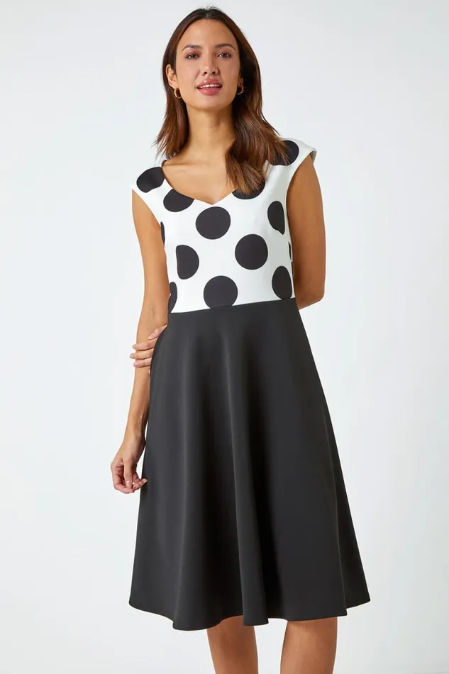 Black Premium Stretch Spot Print Dress Women Roman Dresses