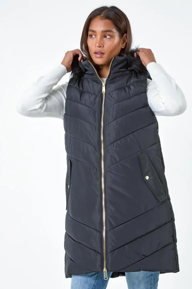 Black Quilted Faux Fur Hood Longline Gilet Women Roman Coats