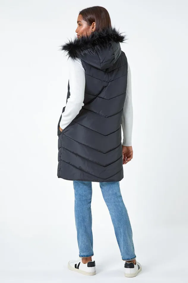Black Quilted Faux Fur Hood Longline Gilet Women Roman Coats