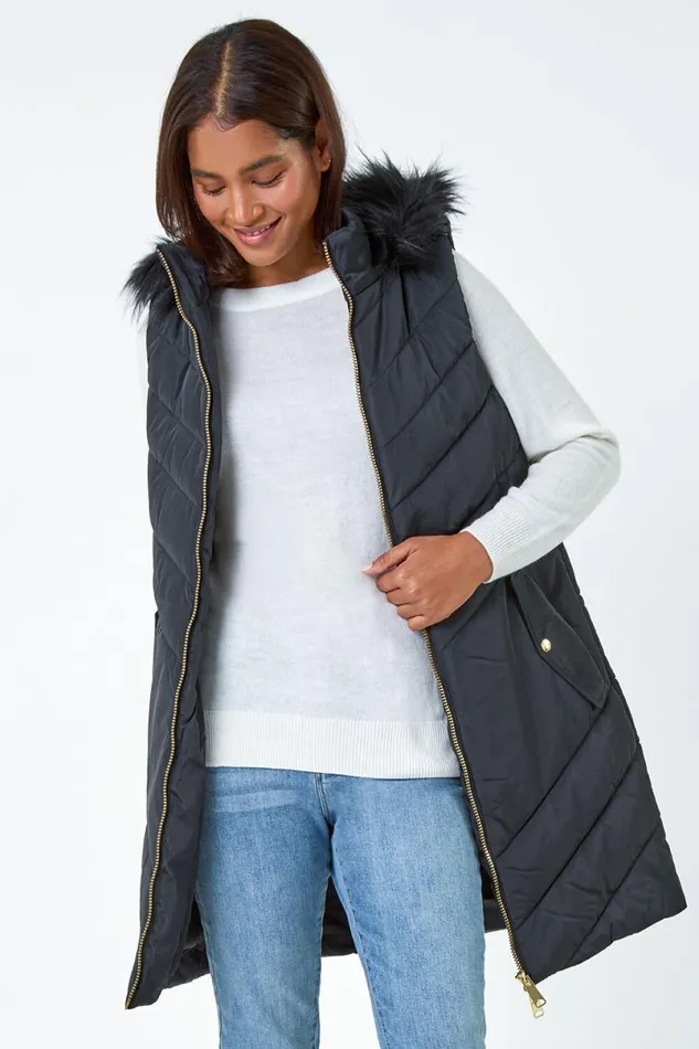 Black Quilted Faux Fur Hood Longline Gilet Women Roman Coats