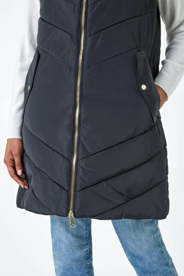 Black Quilted Faux Fur Hood Longline Gilet Women Roman Coats