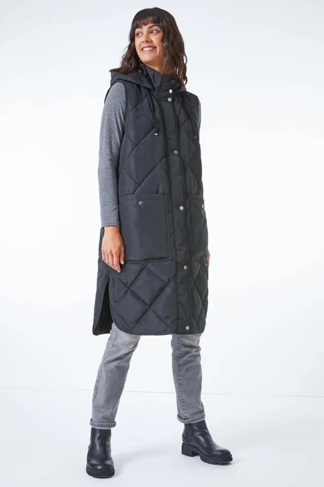 Black Quilted Longline Hooded Gilet Women Roman Jackets