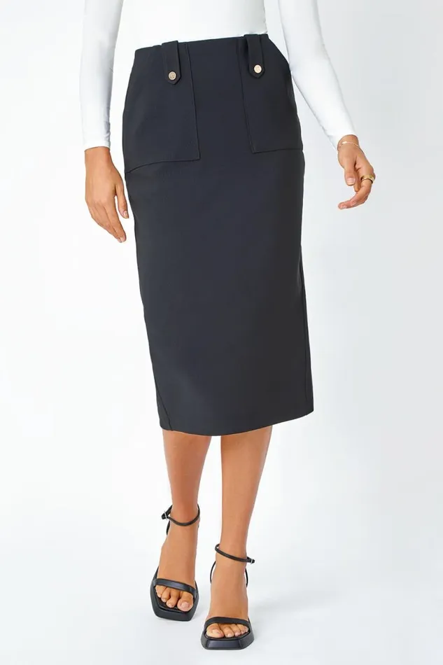 Black Ribbed Pocket Detail Midi Stretch Skirt Women Roman Skirts