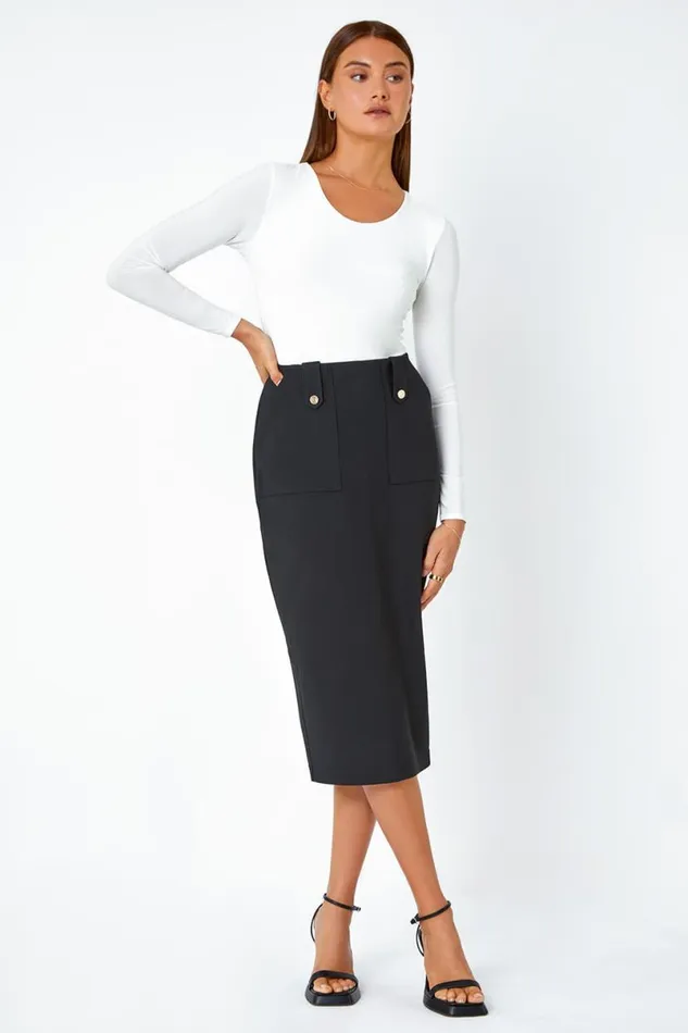 Black Ribbed Pocket Detail Midi Stretch Skirt Women Roman Skirts