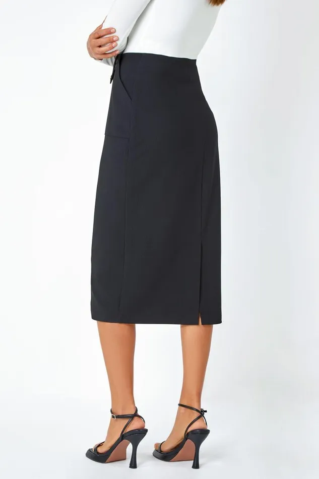 Black Ribbed Pocket Detail Midi Stretch Skirt Women Roman Skirts