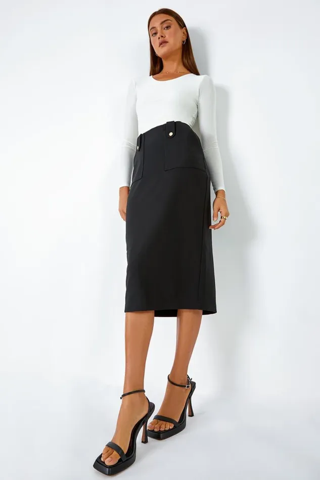 Black Ribbed Pocket Detail Midi Stretch Skirt Women Roman Skirts