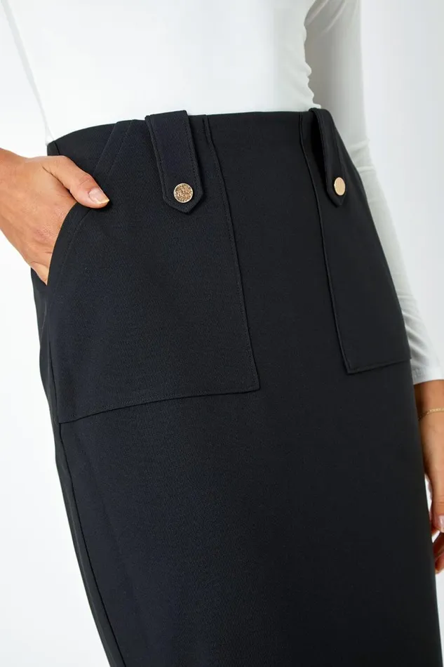 Black Ribbed Pocket Detail Midi Stretch Skirt Women Roman Skirts