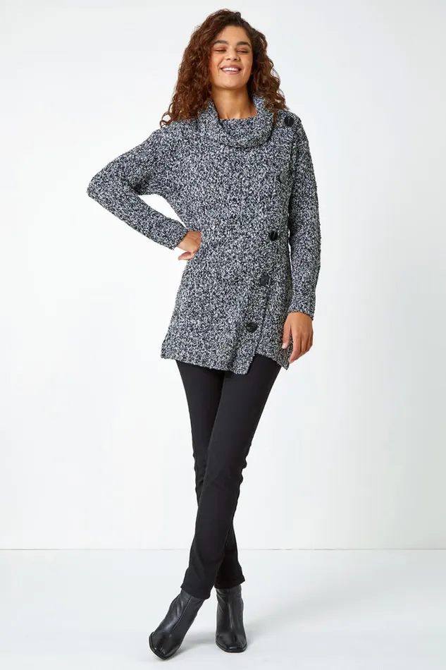 Black Roll Neck Button Detail Longline Jumper Women Roman Knitwear