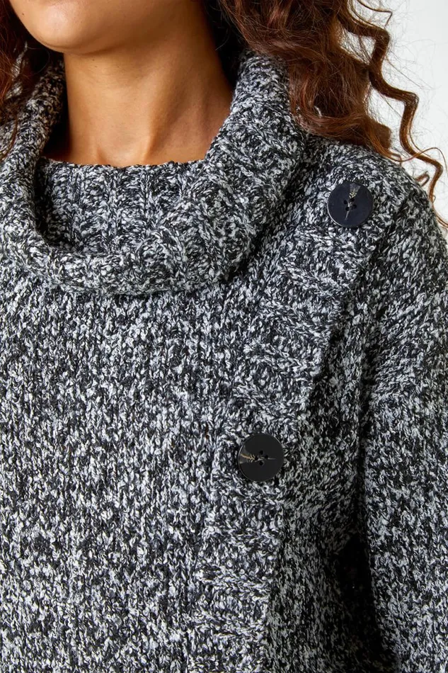Black Roll Neck Button Detail Longline Jumper Women Roman Knitwear