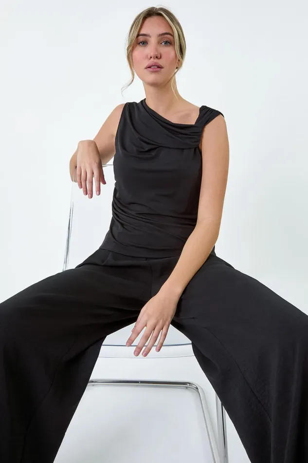 Black Ruched Twist Cowl Neck Stretch Top Women Roman Tops