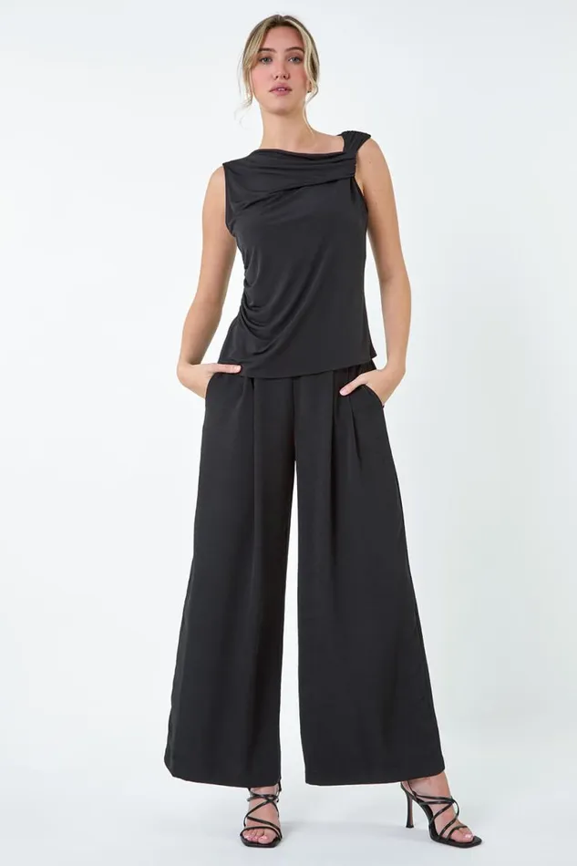 Black Ruched Twist Cowl Neck Stretch Top Women Roman Tops