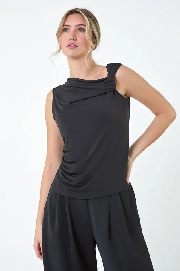 Black Ruched Twist Cowl Neck Stretch Top Women Roman Tops