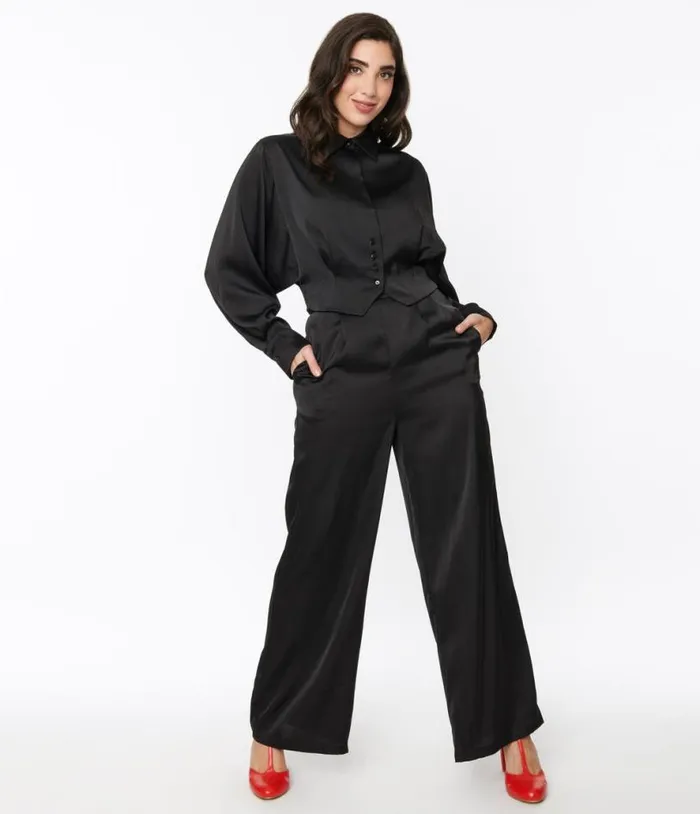 Black Satin Eva Suit Set Clothing Unique Vintage Pants