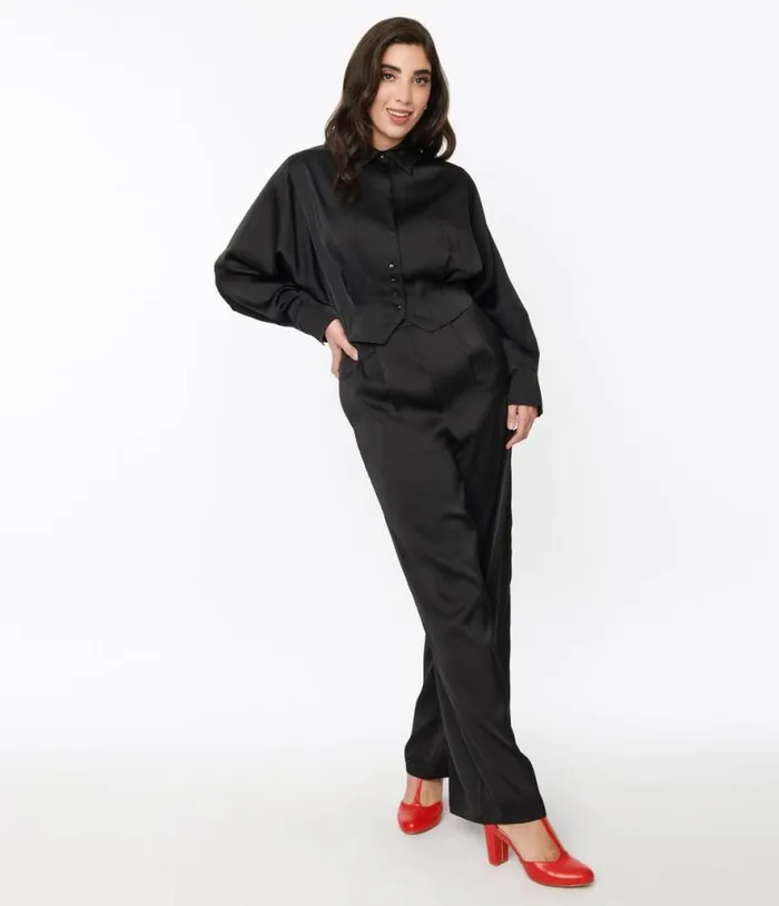 Black Satin Eva Suit Set Clothing Unique Vintage Pants