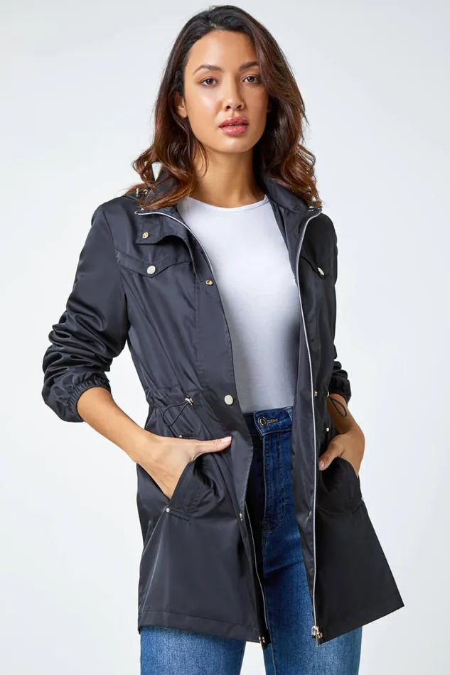 Black Shower Resistant Longline Jacket Women Roman Jackets