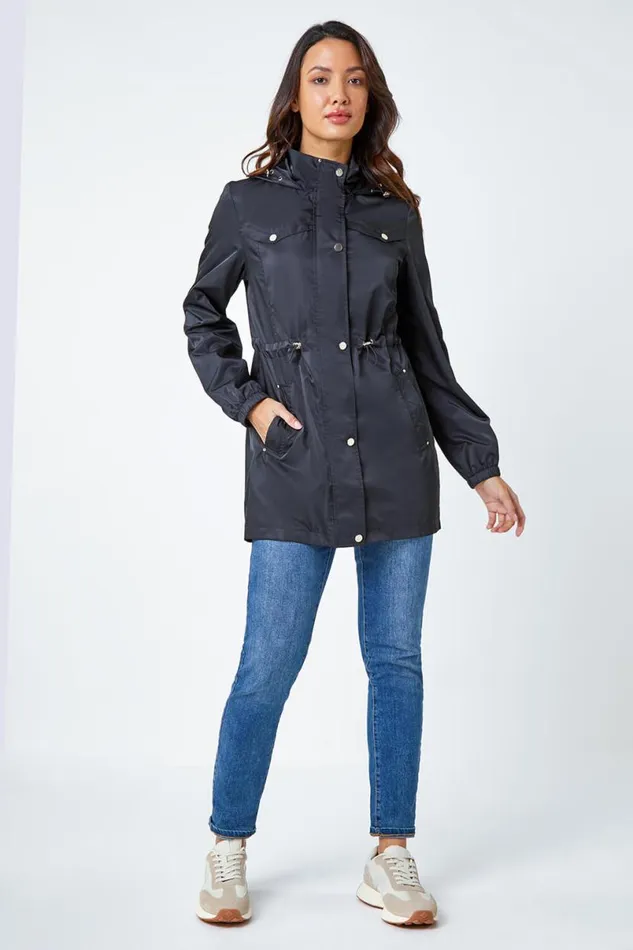 Black Shower Resistant Longline Jacket Women Roman Jackets
