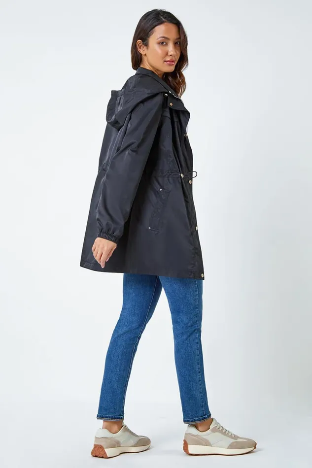 Black Shower Resistant Longline Jacket Women Roman Jackets