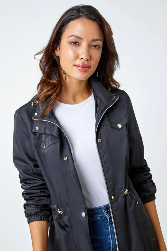 Black Shower Resistant Longline Jacket Women Roman Jackets
